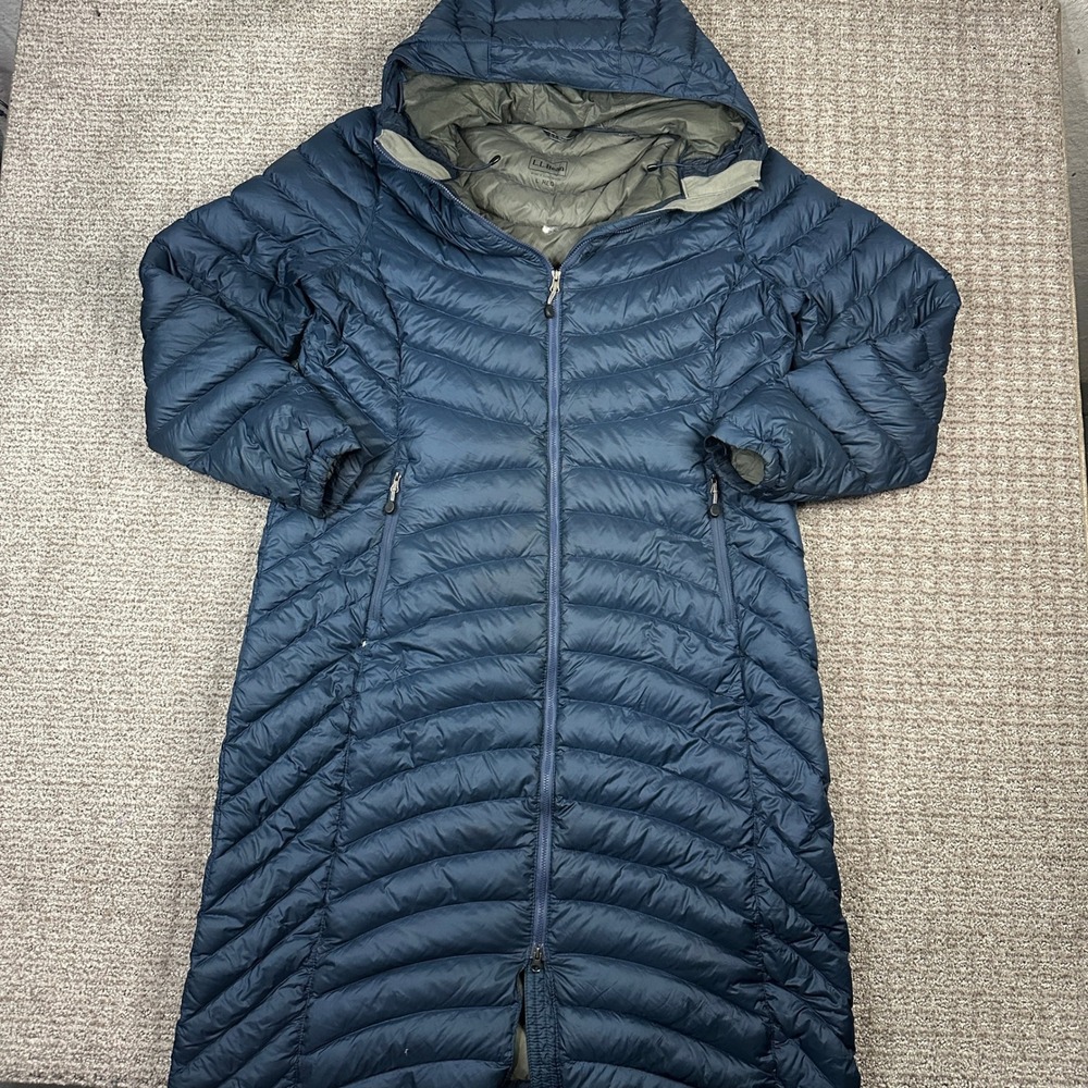 LL Bean Womens Ultralight 850 Down Hooded Coat Blue Long Puffer Jacket L Reg